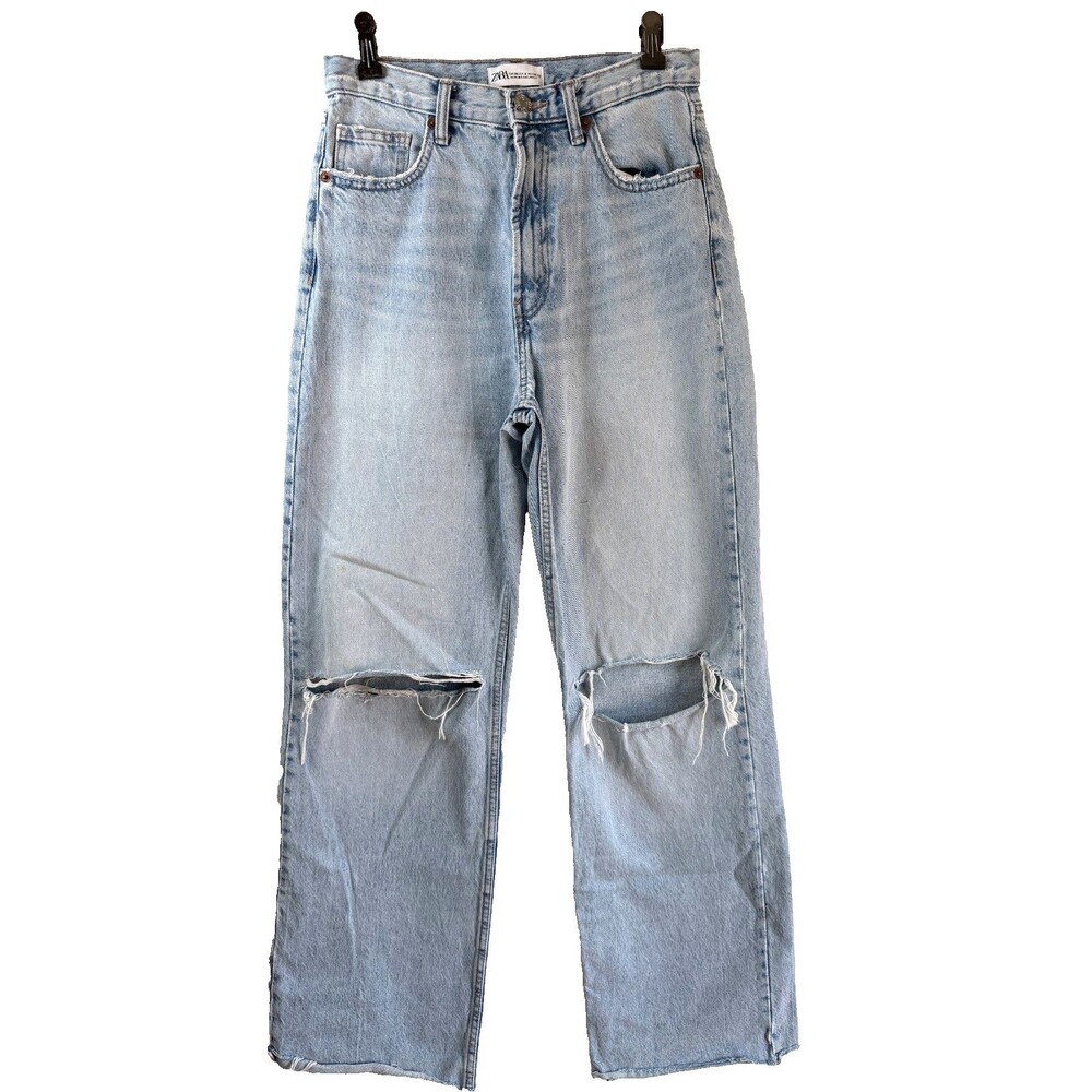 Zara High Rise Wide Leg Distressed Jeans Light Wash Denim Size 4 US/28 EU